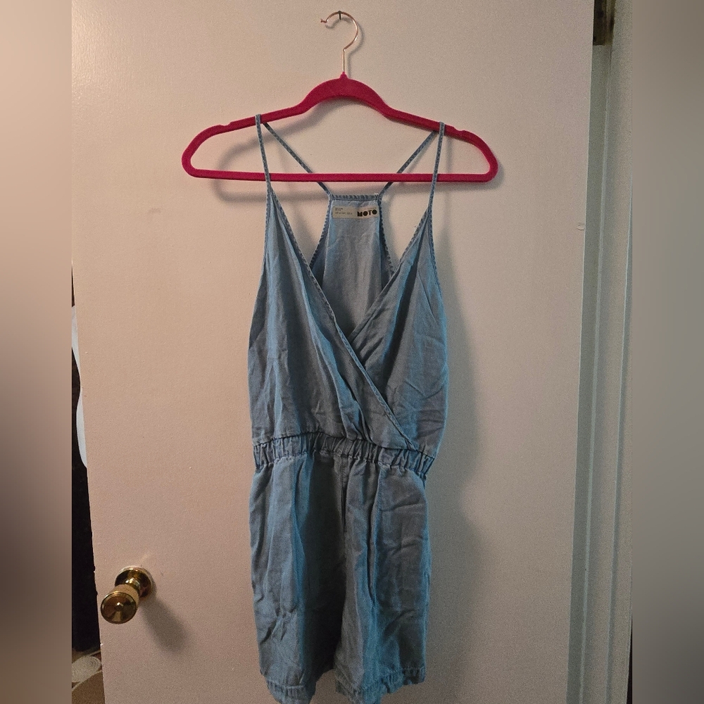 Blue Denim One Piece Romper with Spaghetti Straps